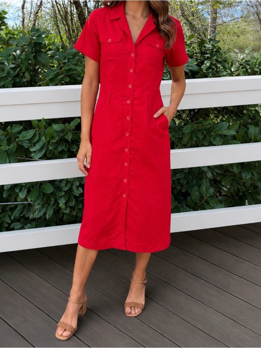 Evan-Picone Red Linen Rayon Button-Front Red Midi Shirt Dress